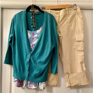 Loft Teal Cardigan V neck button down 3/4 sleeve size L Cotton.